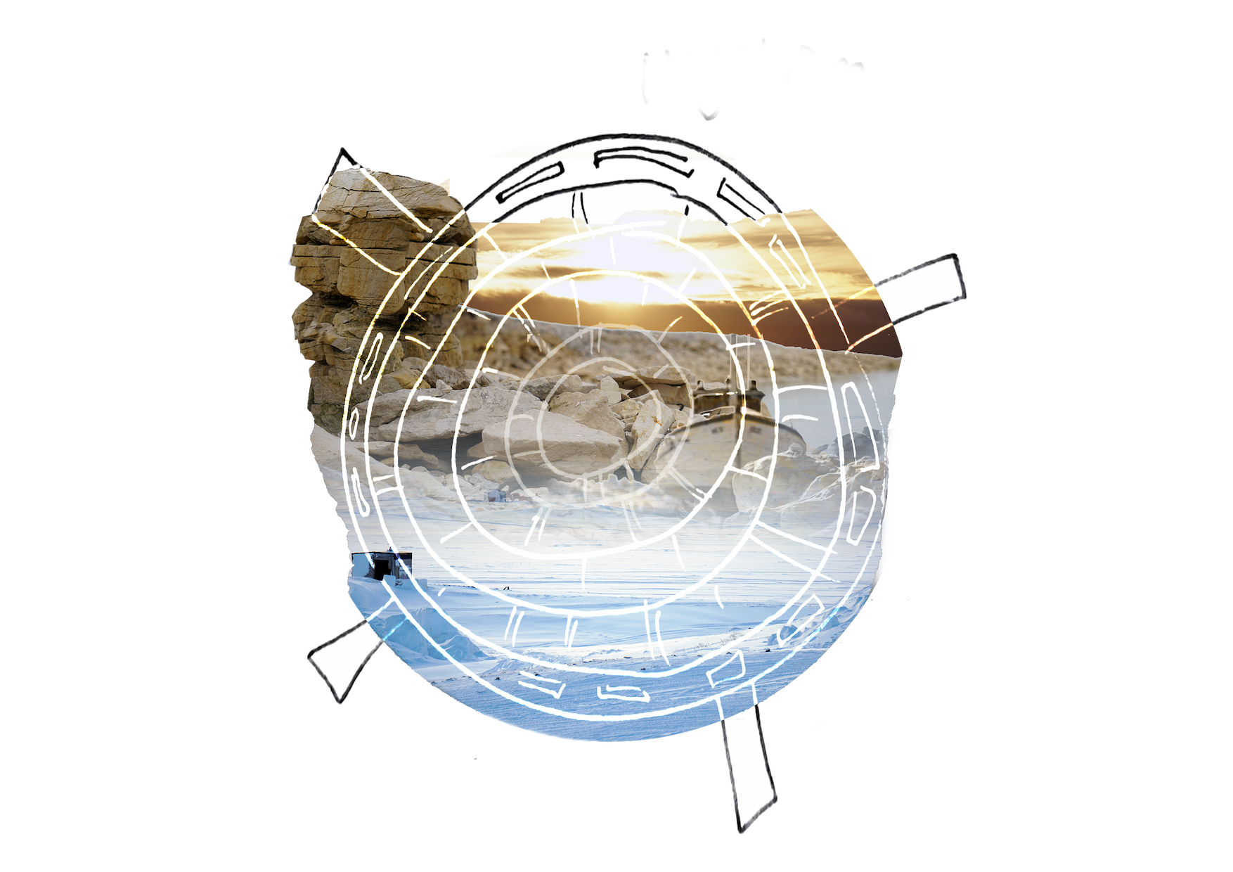 A round shaped collage of Nunavut landscapes photographed during all seasons, with an overlay of a circular calendar